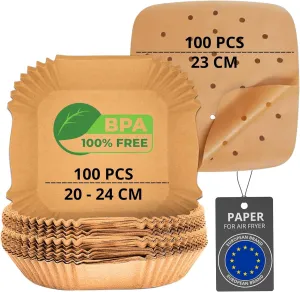 200 Pieces Air Fryer Paper 20-24 cm BPA Free | 100 Pieces of Square Paper in Pot (20-24 cm) and 100 Pieces of Flat Paper (20 cm) | Air Fryer Accessories, 2X1001