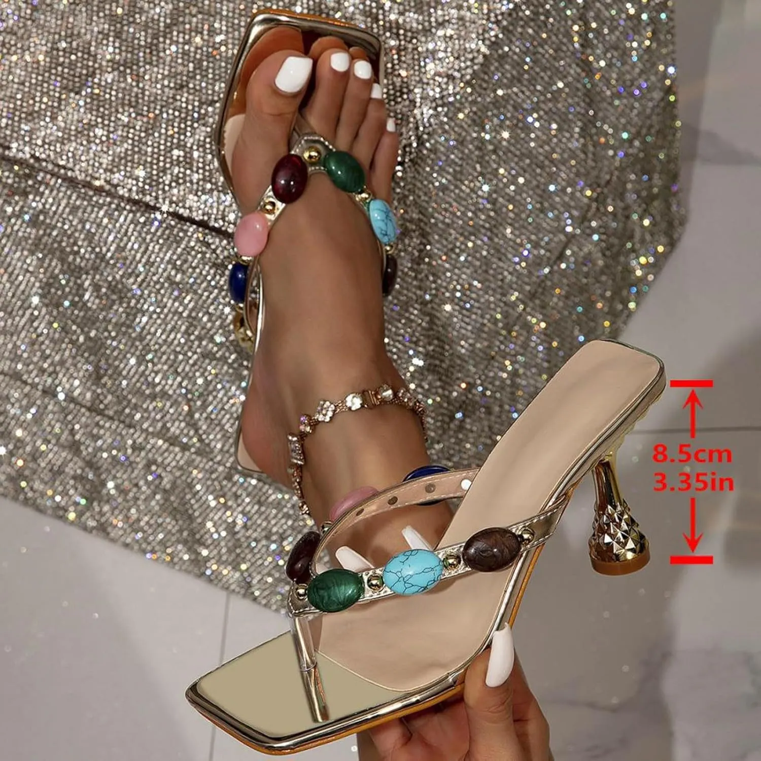 2025 Women's Kitten Heel Sandals Pointed Toe Sparkly Flip Flops with Gemstones Strap Ladies Comfy Summer Orthopedic Slides Fashion Sexy Dressy Shoes for Wedding Bridal Evening Cocktail