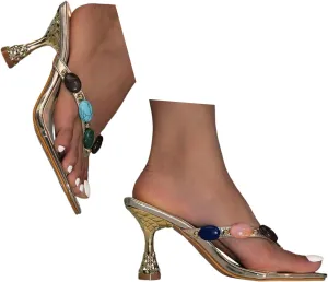 2025 Women's Kitten Heel Sandals Pointed Toe Sparkly Flip Flops with Gemstones Strap Ladies Comfy Summer Orthopedic Slides Fashion Sexy Dressy Shoes for Wedding Bridal Evening Cocktail