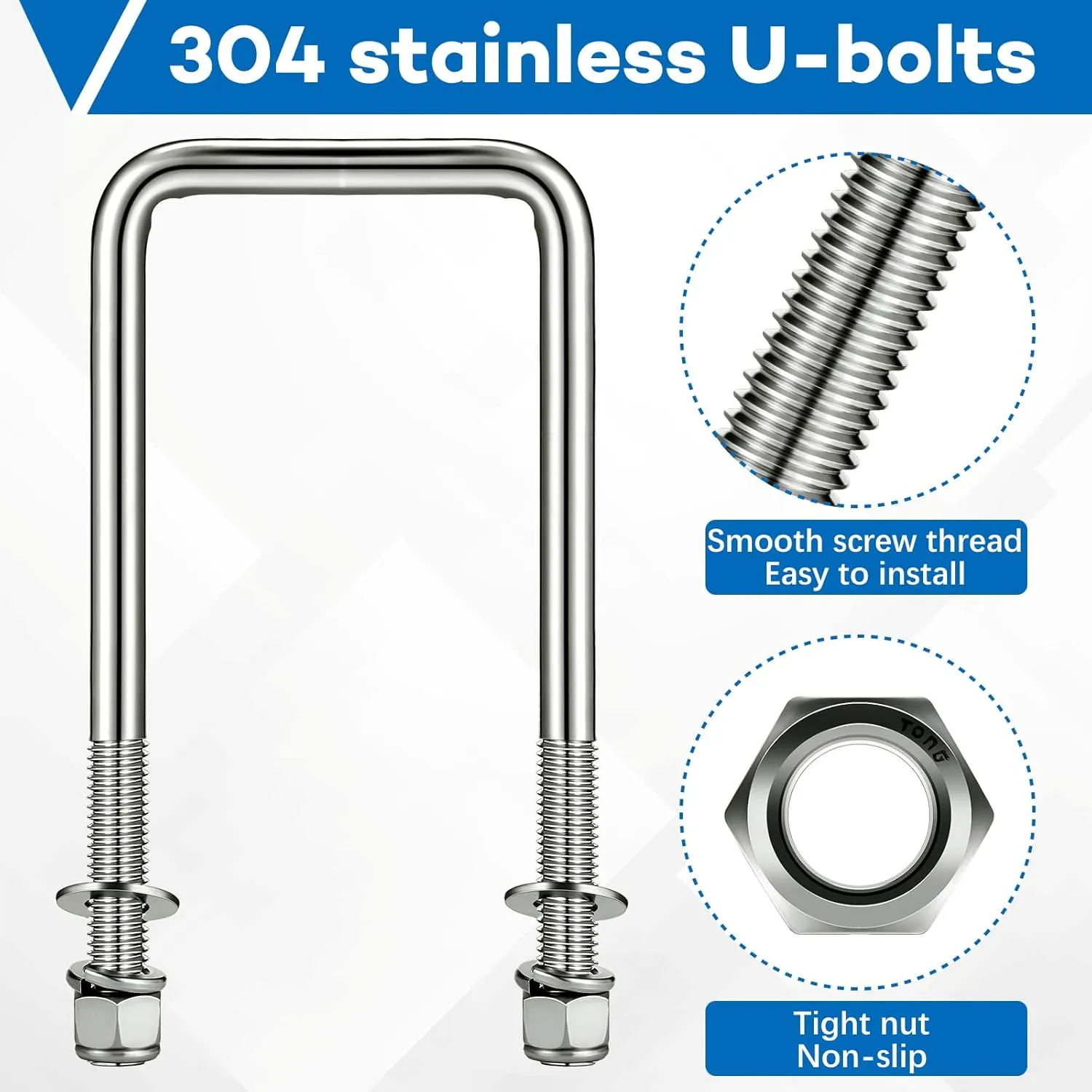 4 Pcs Hotop 304 Stainless Steel Square U-Bolt Boat Trailer U-Bolts with Washers and Nuts l Heavy Duty U Bolt for Sailboat Trailer Automobiles Industrial Part (1/2 D x 3 1/16 W x 7 5/16 Inch)