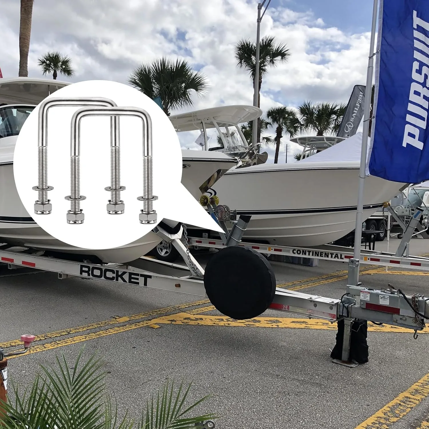 4 Set Stainless Steel Square U Bolt Kit for Boat Trailer, Heavy Duty U-Bolt with Nuts and Frame Plate for Automobiles Trailer, Ski Boat, and Sailboat Trailer (1/2" D x 3-1/16"W x 5-5/16"L)