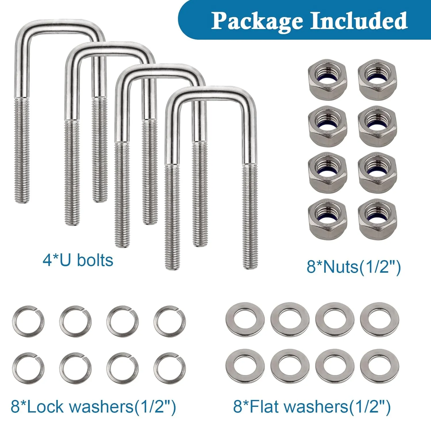 4 Set Stainless Steel Square U Bolt Kit for Boat Trailer, Heavy Duty U-Bolt with Nuts and Frame Plate for Automobiles Trailer, Ski Boat, and Sailboat Trailer (1/2" D x 3-1/16"W x 5-5/16"L)