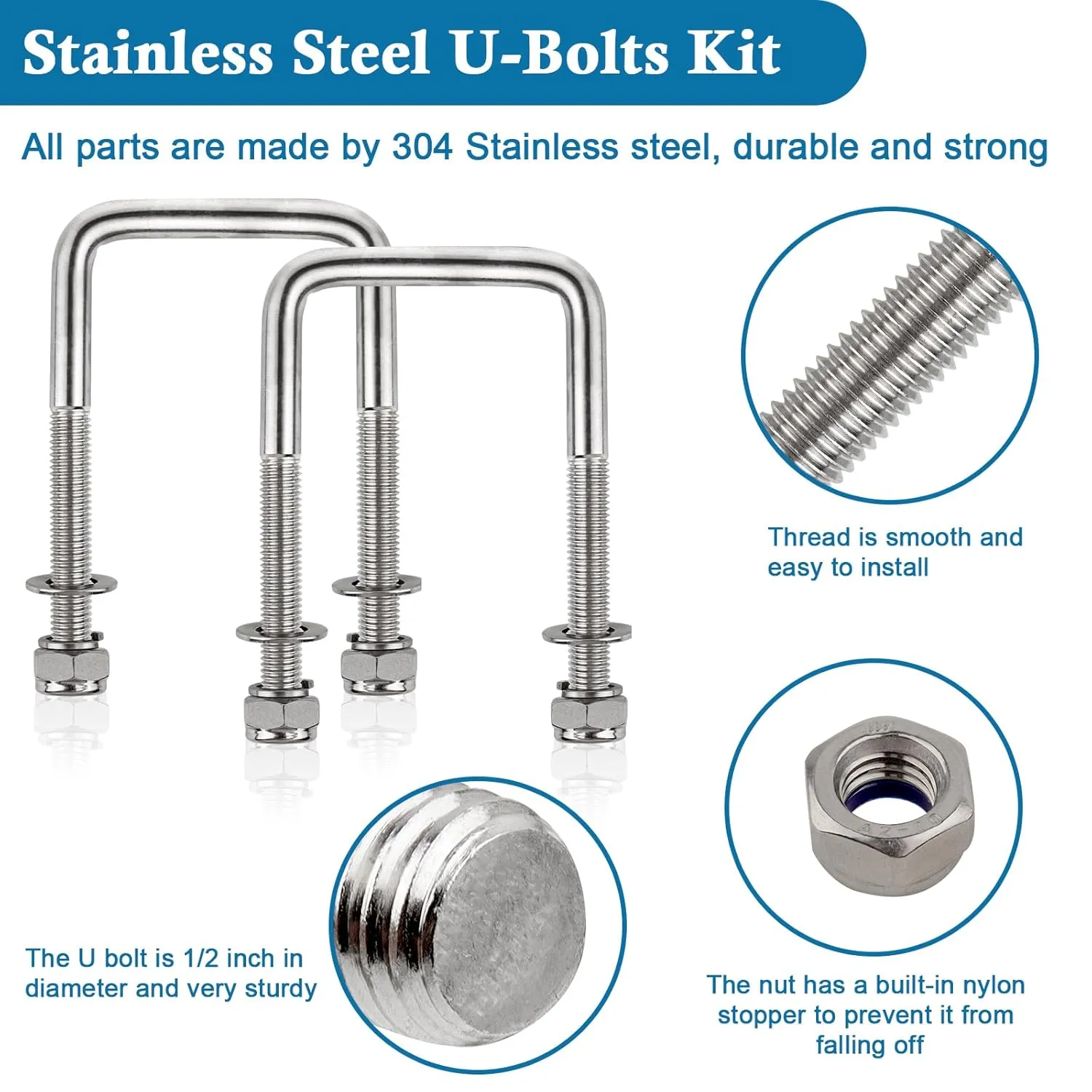 4 Set Stainless Steel Square U Bolt Kit for Boat Trailer, Heavy Duty U-Bolt with Nuts and Frame Plate for Automobiles Trailer, Ski Boat, and Sailboat Trailer (1/2" D x 3-1/16"W x 5-5/16"L)