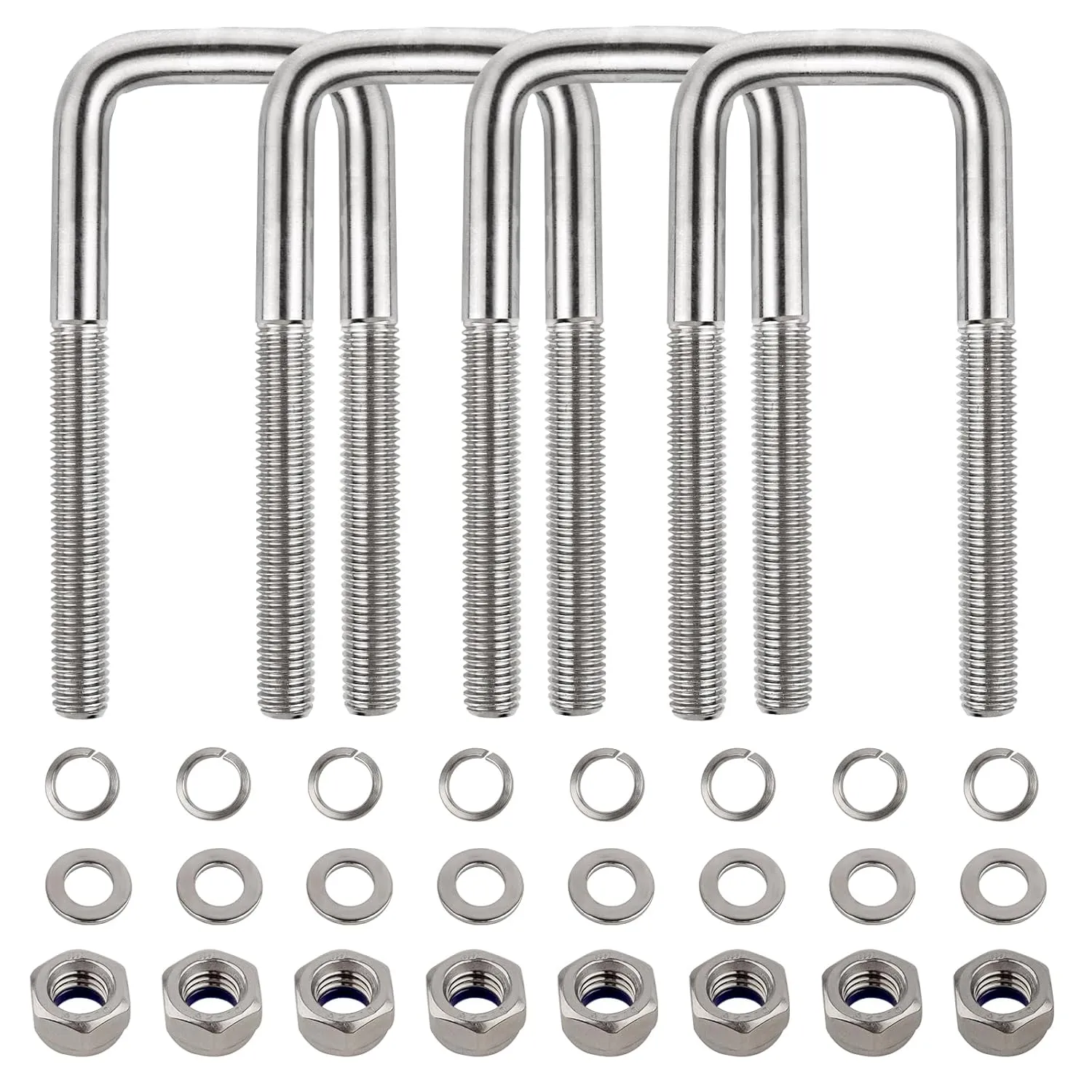 4 Sets 304 Stainless Steel Square U-Bolt Kits, Heavy Duty U-Bolt with Nuts,Flat and Lock Washers for Boat Trailers,Automobiles Trailers,Ski Boats,and Sailboat Trailers (1/2" D x 2-1/16" W x 4-3/4" L)