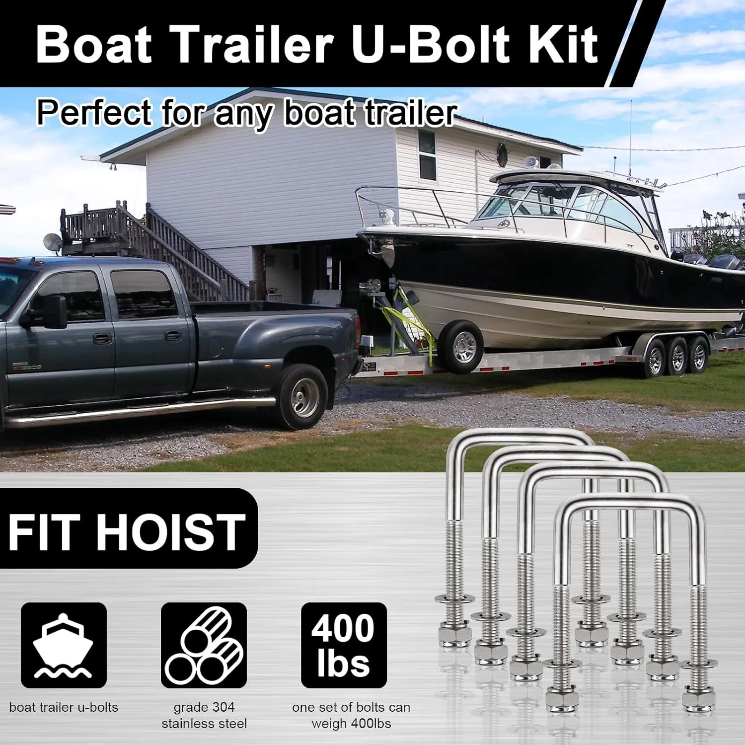 4 Sets 304 Stainless Steel Square U-Bolt Kits, Heavy Duty U-Bolt with Nuts,Flat and Lock Washers for Boat Trailers,Automobiles Trailers,Ski Boats,and Sailboat Trailers (1/2" D x 2-1/16" W x 4-3/4" L)