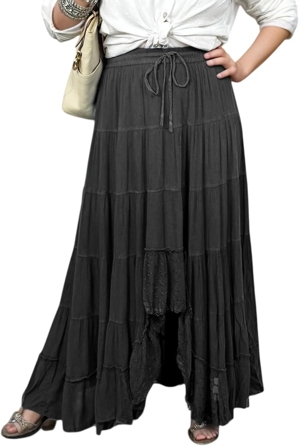 Agan Traders Women's 2025 Spring Peasant Tiered A Line Flared High Low Elastic Waistband Flowy Long Maxi Skirt