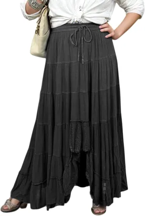 Agan Traders Women's 2025 Spring Peasant Tiered A Line Flared High Low Elastic Waistband Flowy Long Maxi Skirt