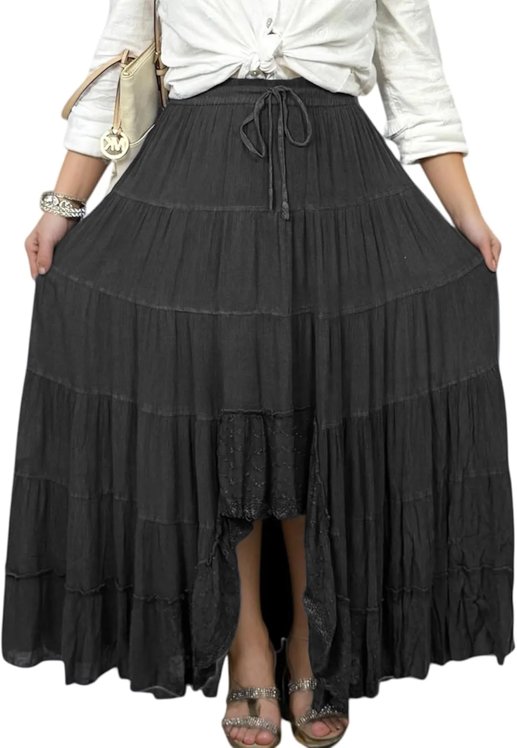 Agan Traders Women's 2025 Spring Peasant Tiered A Line Flared High Low Elastic Waistband Flowy Long Maxi Skirt