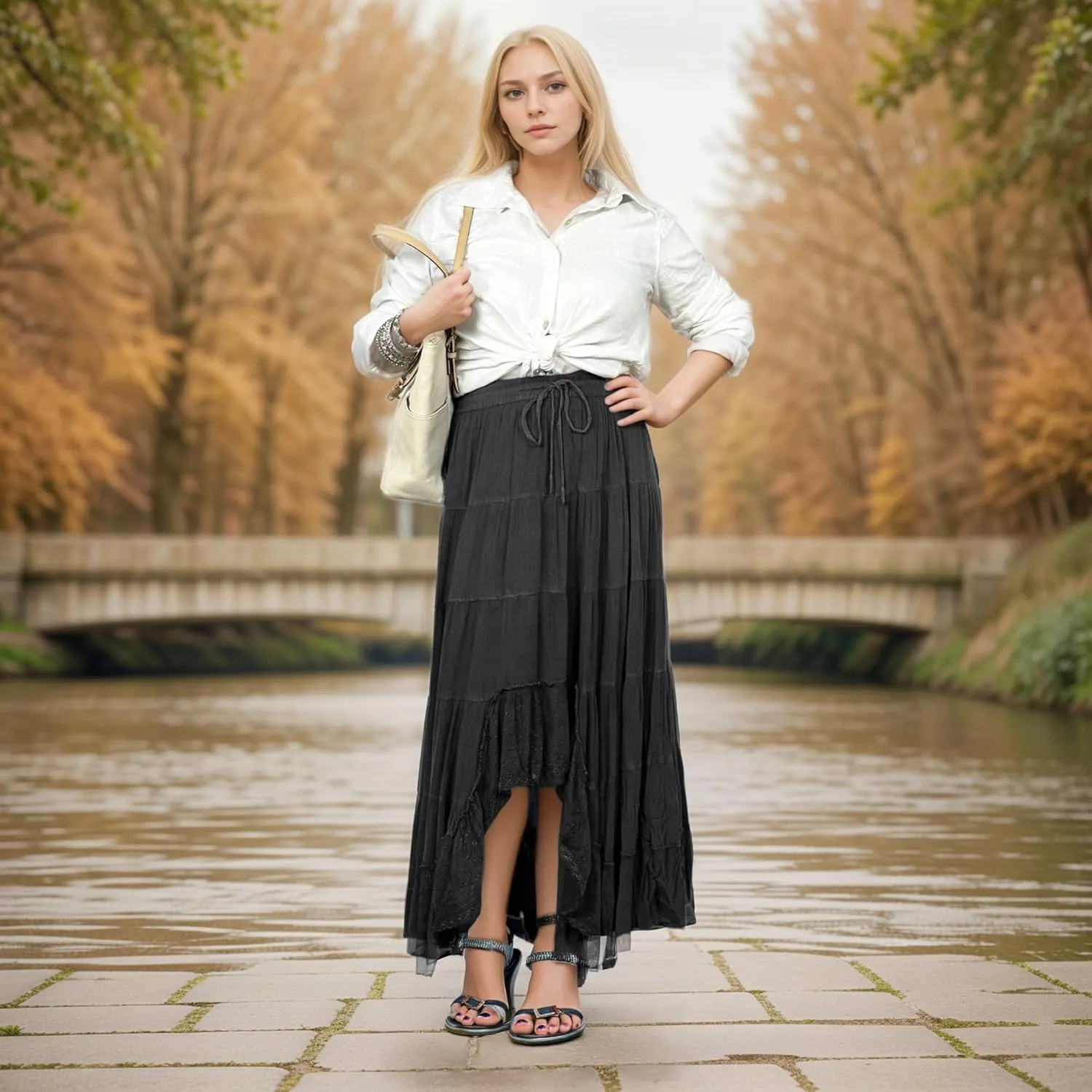 Agan Traders Women's 2025 Spring Peasant Tiered A Line Flared High Low Elastic Waistband Flowy Long Maxi Skirt