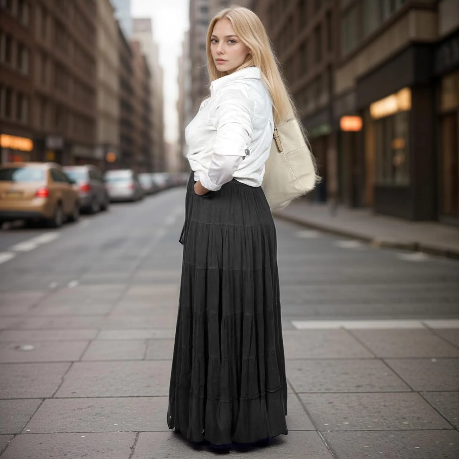 Agan Traders Women's 2025 Spring Peasant Tiered A Line Flared High Low Elastic Waistband Flowy Long Maxi Skirt