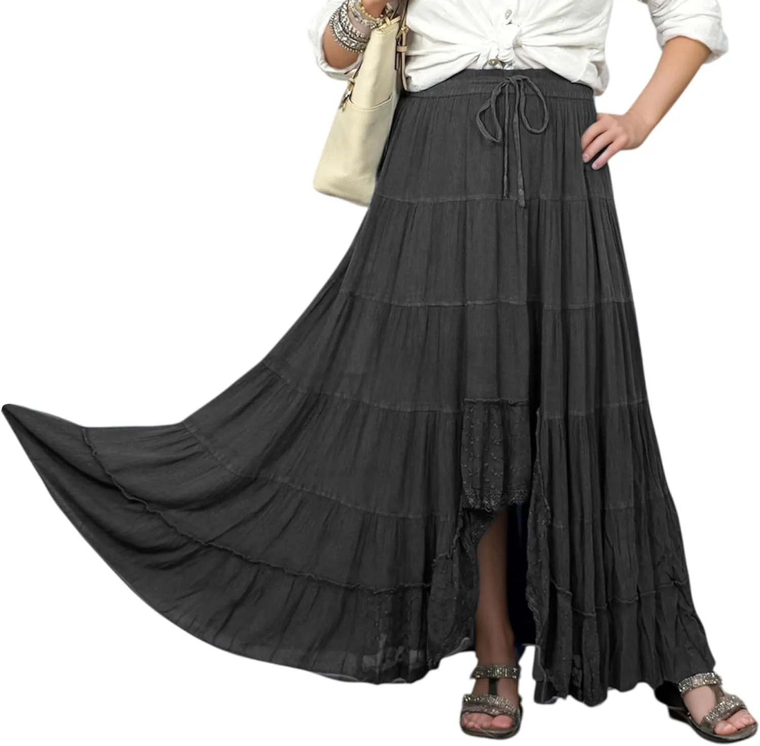Agan Traders Women's 2025 Spring Peasant Tiered A Line Flared High Low Elastic Waistband Flowy Long Maxi Skirt