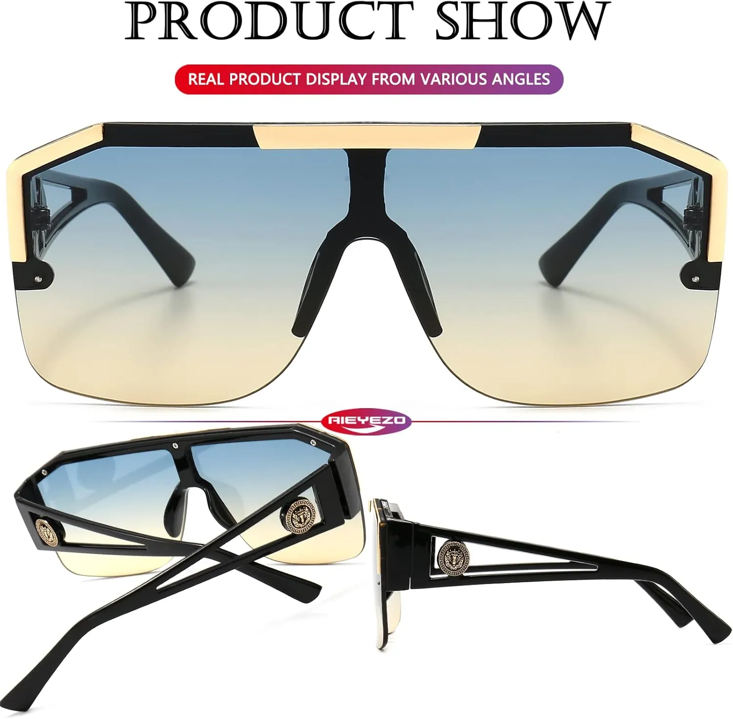 AIEYEZO Square Oversized Sunglasses Flat Top Shield Sun Glasses for Men Women One Lens Square Shades