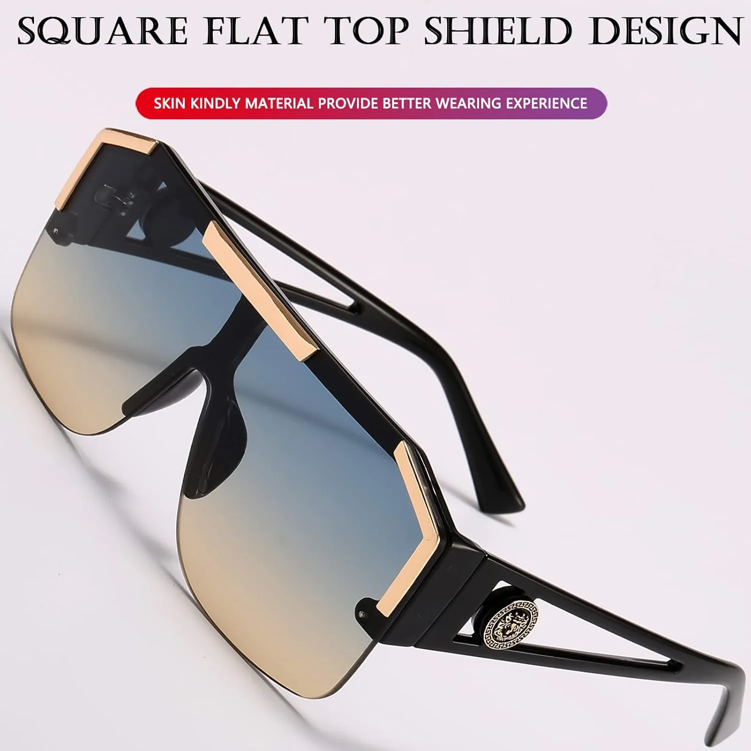 AIEYEZO Square Oversized Sunglasses Flat Top Shield Sun Glasses for Men Women One Lens Square Shades