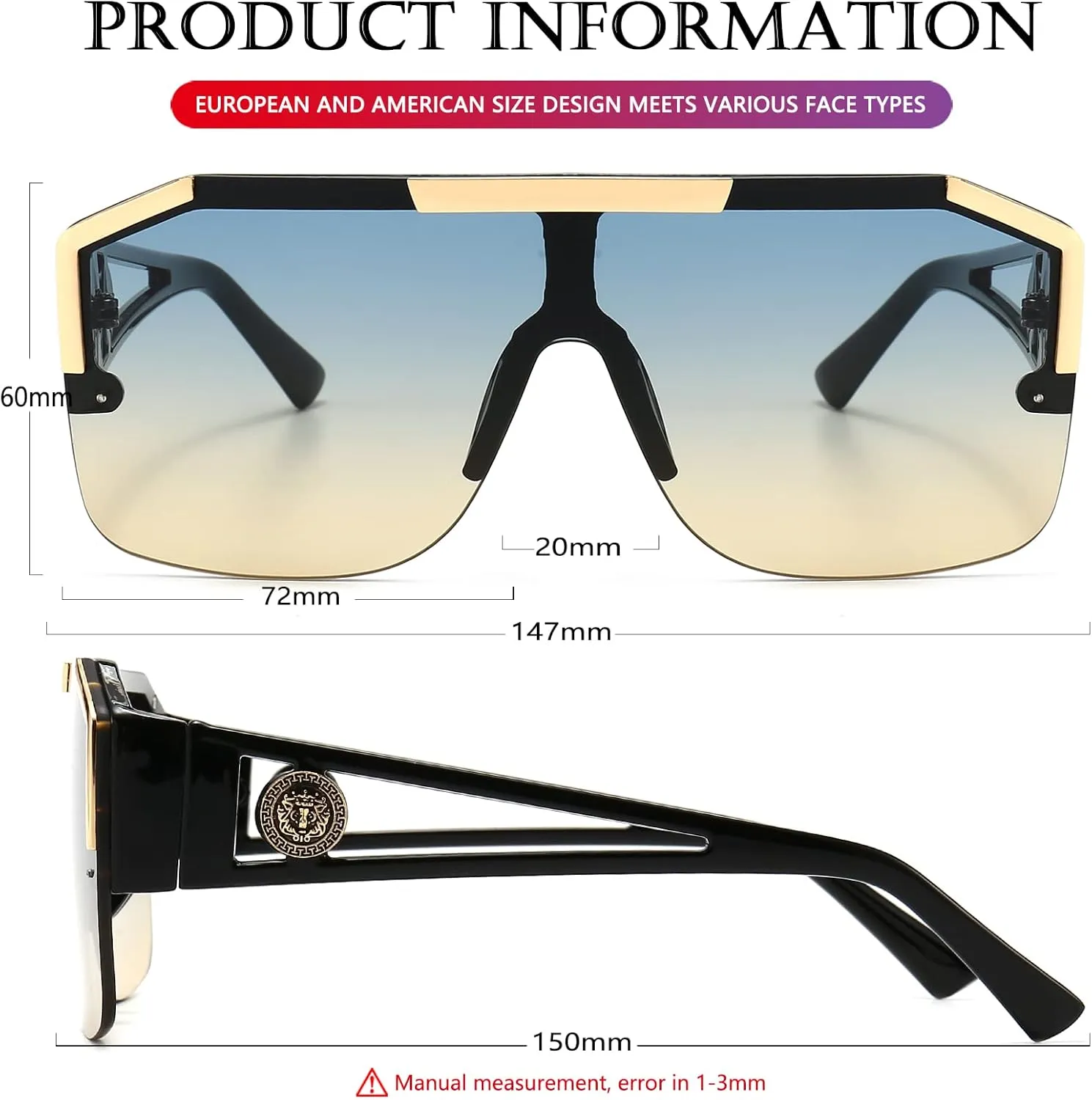 AIEYEZO Square Oversized Sunglasses Flat Top Shield Sun Glasses for Men Women One Lens Square Shades