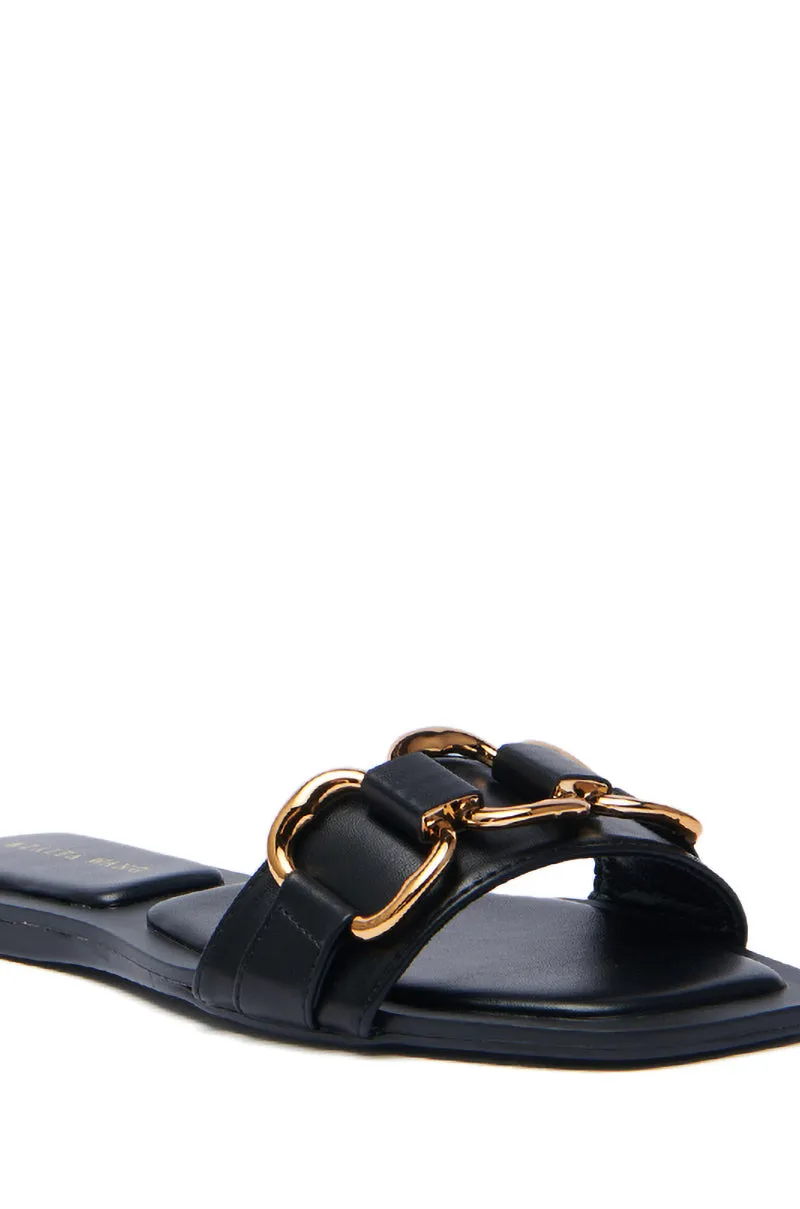 AKIRA NOELINE BLACK WITH GOLD HARDWARE SLIP ON SANDAL