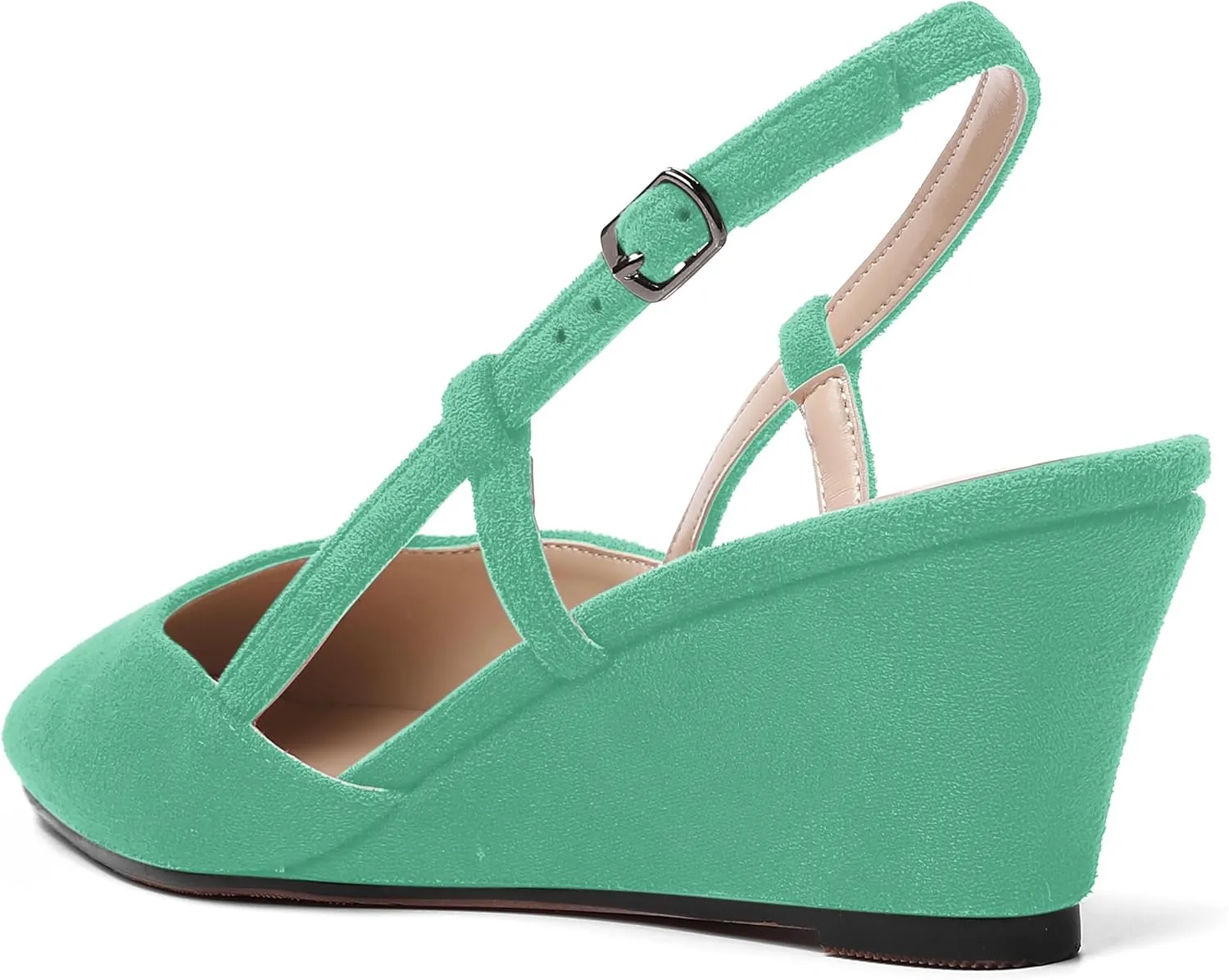 AMBELIGHT Womens Fashion Buckle Square Toe Solid Party Suede Adjustable Strap Wedge Low Heel Pumps Shoes 2 Inch