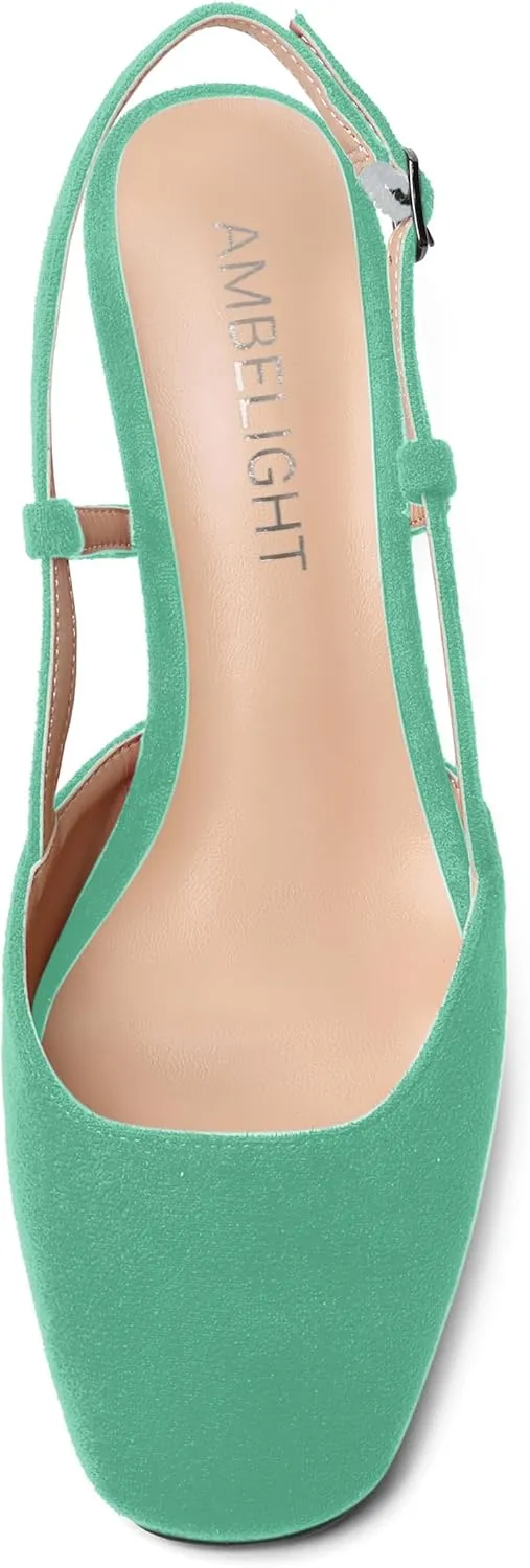 AMBELIGHT Womens Fashion Buckle Square Toe Solid Party Suede Adjustable Strap Wedge Low Heel Pumps Shoes 2 Inch