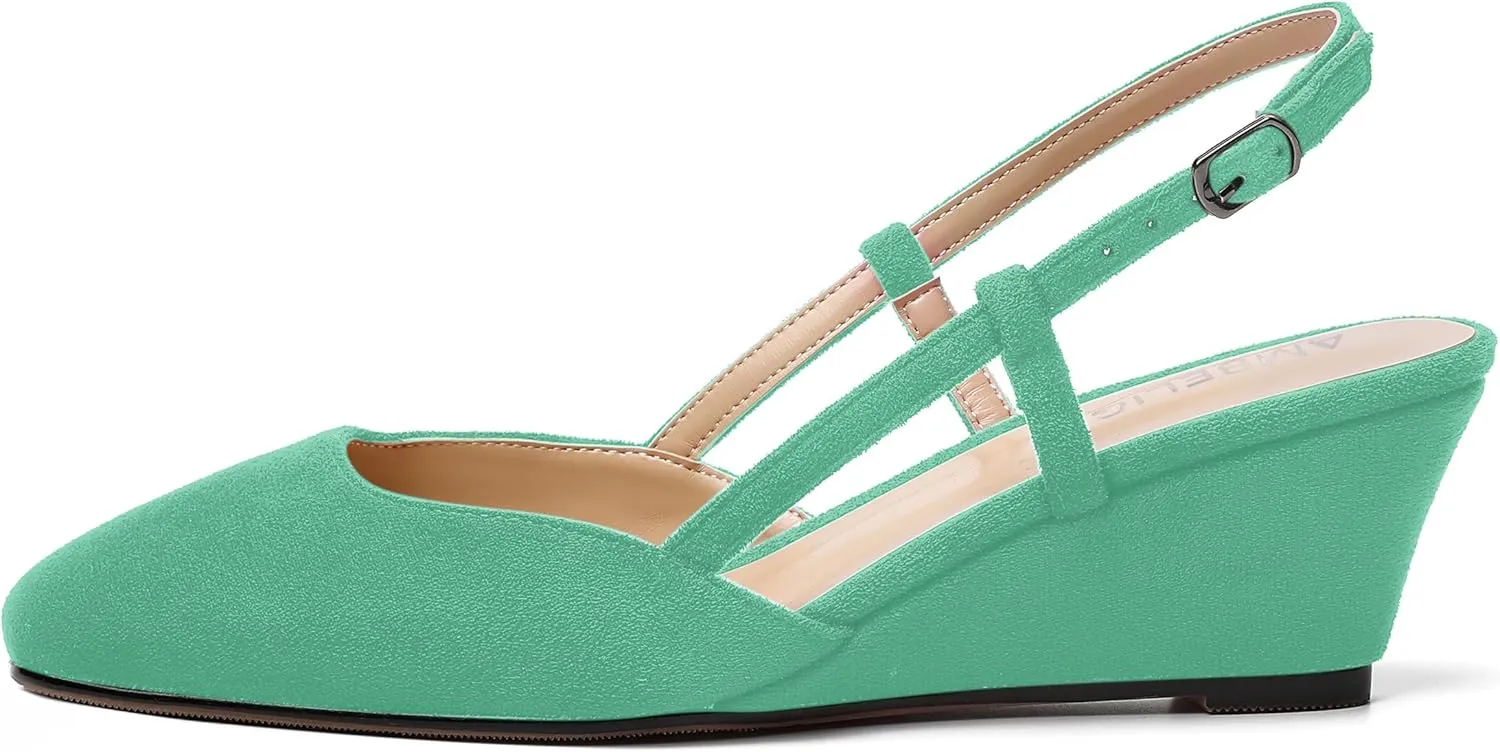 AMBELIGHT Womens Fashion Buckle Square Toe Solid Party Suede Adjustable Strap Wedge Low Heel Pumps Shoes 2 Inch