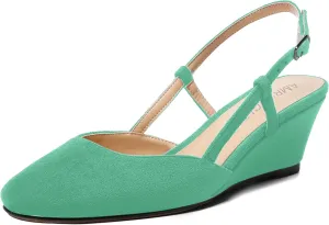 AMBELIGHT Womens Fashion Buckle Square Toe Solid Party Suede Adjustable Strap Wedge Low Heel Pumps Shoes 2 Inch