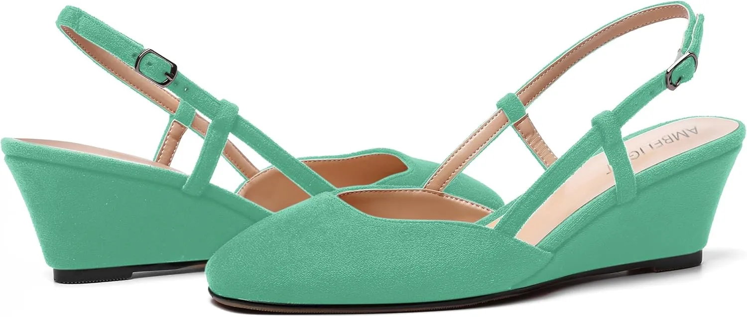 AMBELIGHT Womens Fashion Buckle Square Toe Solid Party Suede Adjustable Strap Wedge Low Heel Pumps Shoes 2 Inch