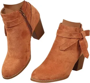 AMDBEL Boots for Women Ankle Booties, Women's Ankle Boots Tie Knot Chelsea Pump Boots Closed Toe Stacked Heel Booties Shoes