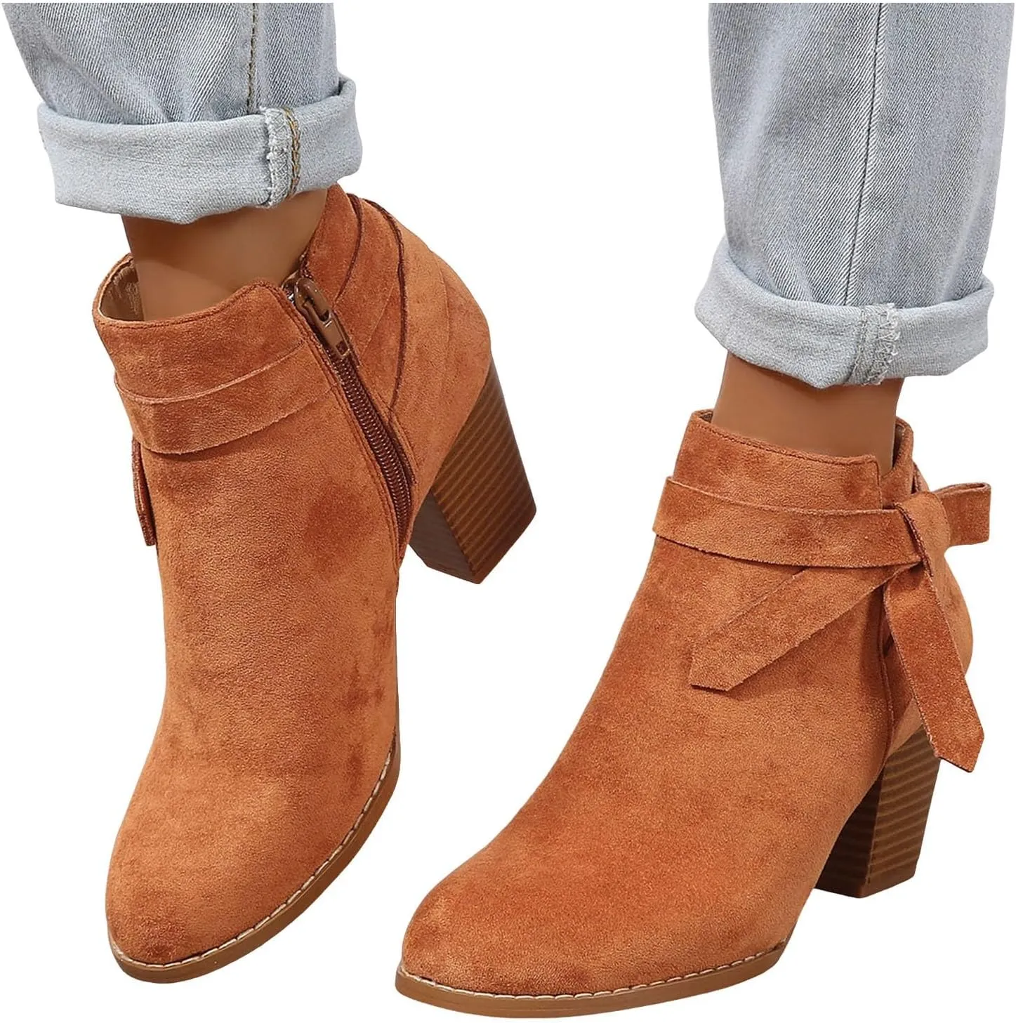 AMDBEL Boots for Women Ankle Booties, Women's Ankle Boots Tie Knot Chelsea Pump Boots Closed Toe Stacked Heel Booties Shoes