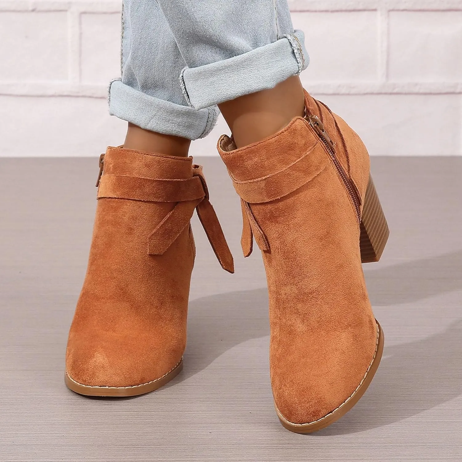 AMDBEL Boots for Women Ankle Booties, Women's Ankle Boots Tie Knot Chelsea Pump Boots Closed Toe Stacked Heel Booties Shoes