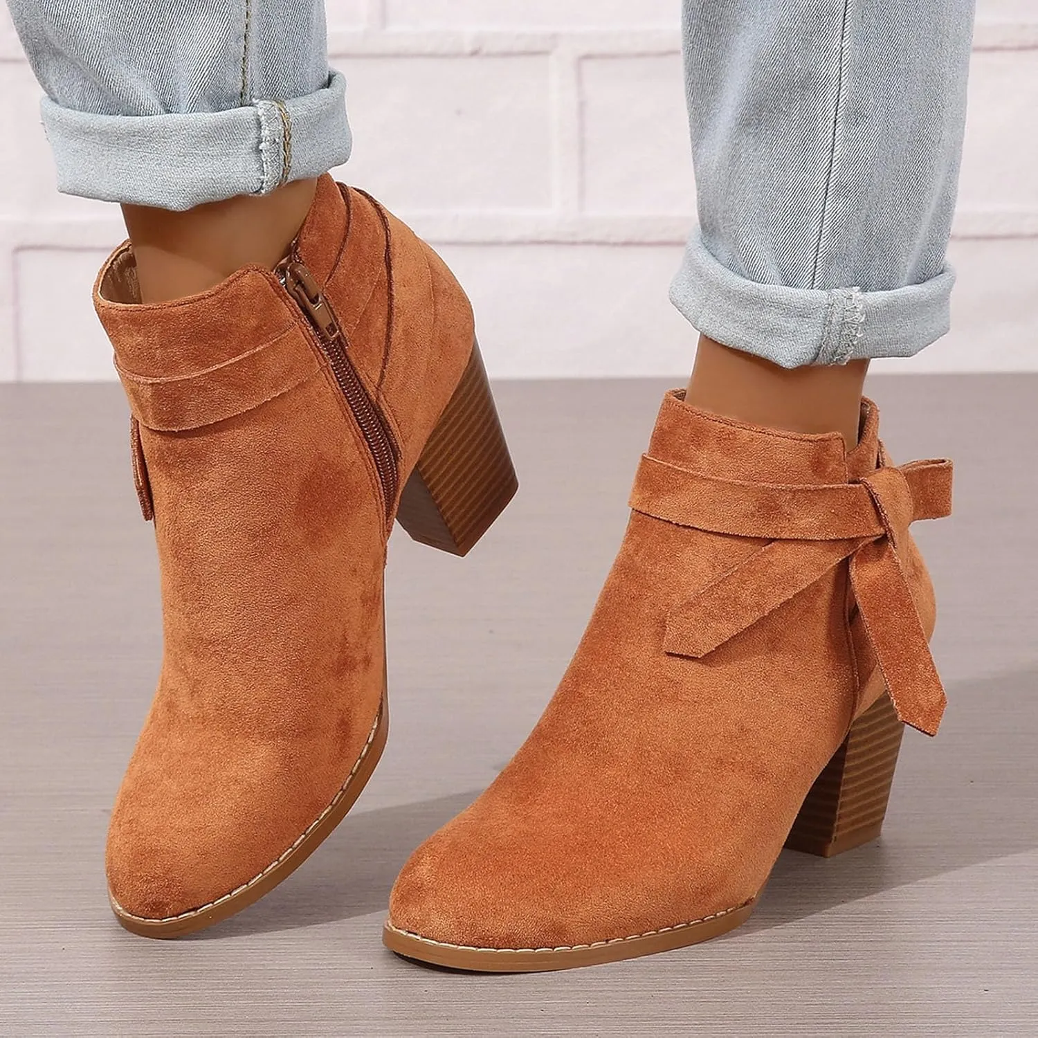AMDBEL Boots for Women Ankle Booties, Women's Ankle Boots Tie Knot Chelsea Pump Boots Closed Toe Stacked Heel Booties Shoes