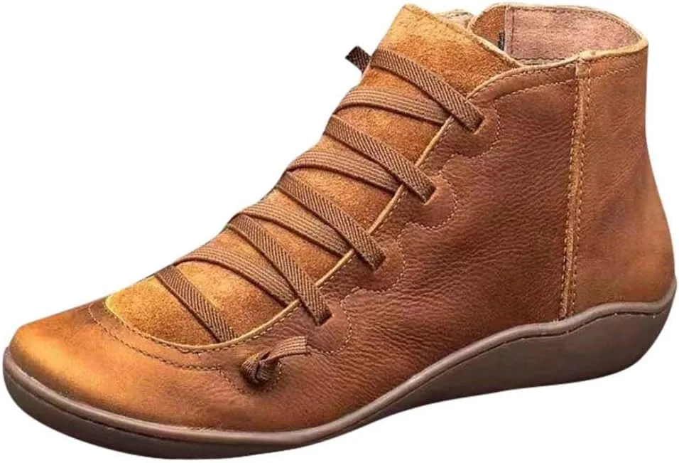 AMDBEL Boots for Women Ankle Booties, Women's Boots Slip on Flat Boots Arch Support Lace up Retro Booties Winter Fall Shoes