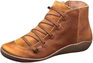 AMDBEL Boots for Women Ankle Booties, Women's Boots Slip on Flat Boots Arch Support Lace up Retro Booties Winter Fall Shoes