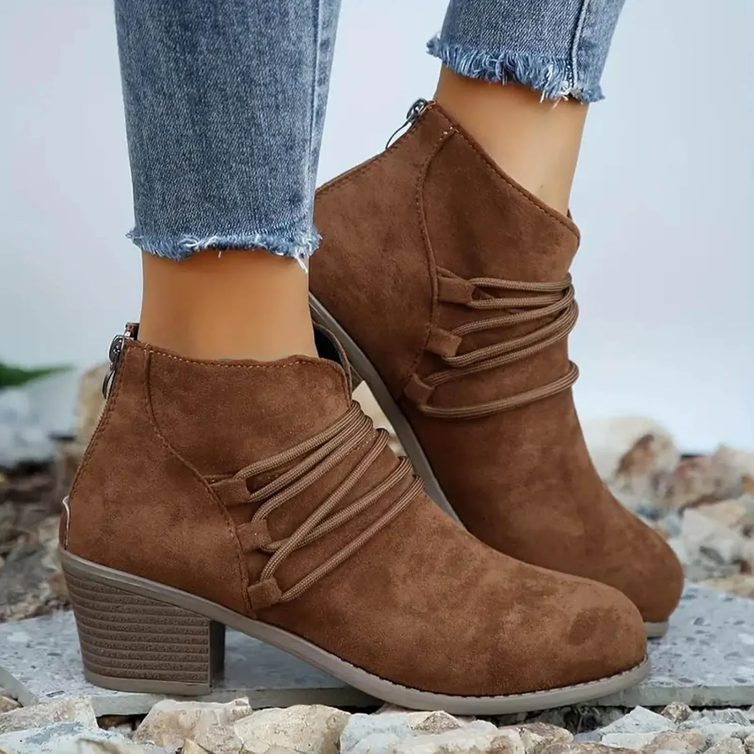 AMDBEL Fall Boots for Women 2024 Ankle Booties Fashion Low Heel Side Zipper Pointd Toe Suede Fall Winter Short Boots Shoes