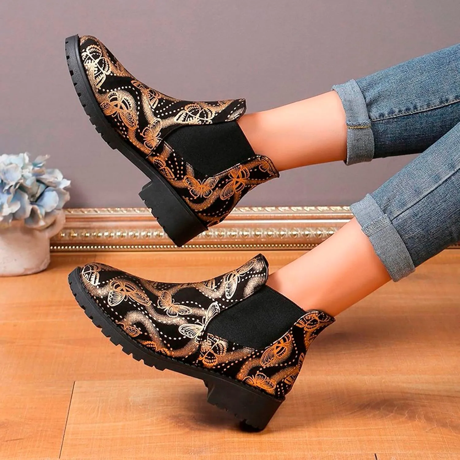 AMDBEL Fall Boots for Women 2024, Women's Ankle Boots Low Heel Flat Short Boots Fashion Winter Chelsea Booties Shoes