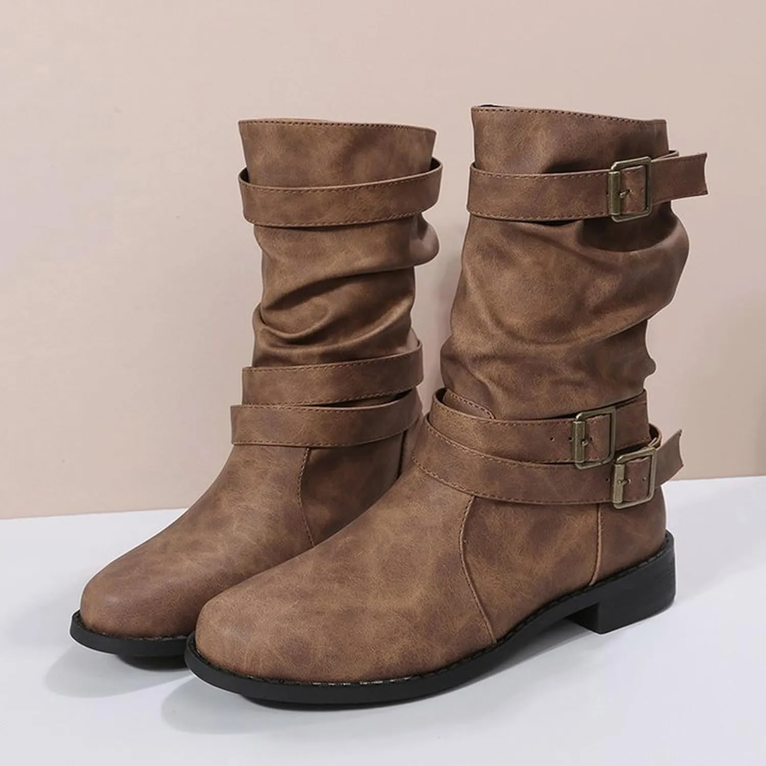 AMDBEL Fall Boots for Women 2024, Women's Ankle Boots Low Heel Slip On Boots Winter Ladies Mid Calf Booties Shoes