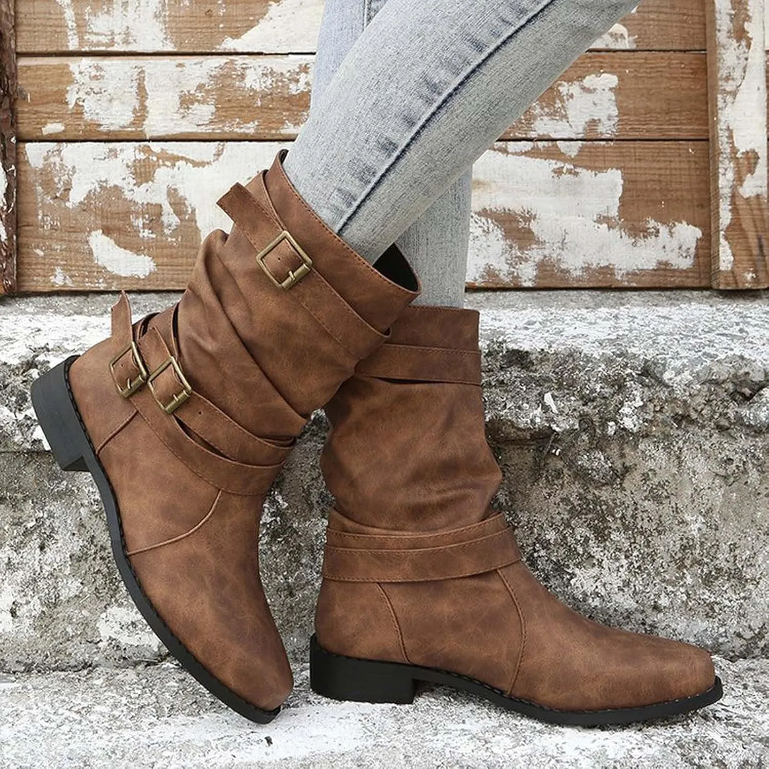 AMDBEL Fall Boots for Women 2024, Women's Ankle Boots Low Heel Slip On Boots Winter Ladies Mid Calf Booties Shoes