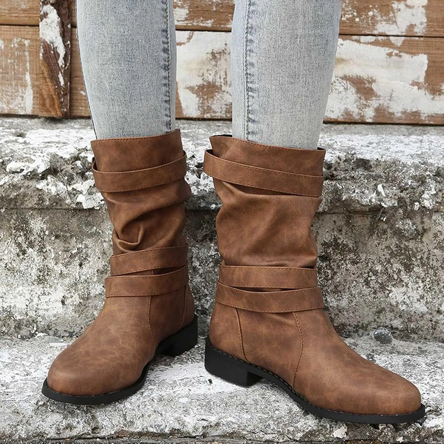 AMDBEL Fall Boots for Women 2024, Women's Ankle Boots Low Heel Slip On Boots Winter Ladies Mid Calf Booties Shoes