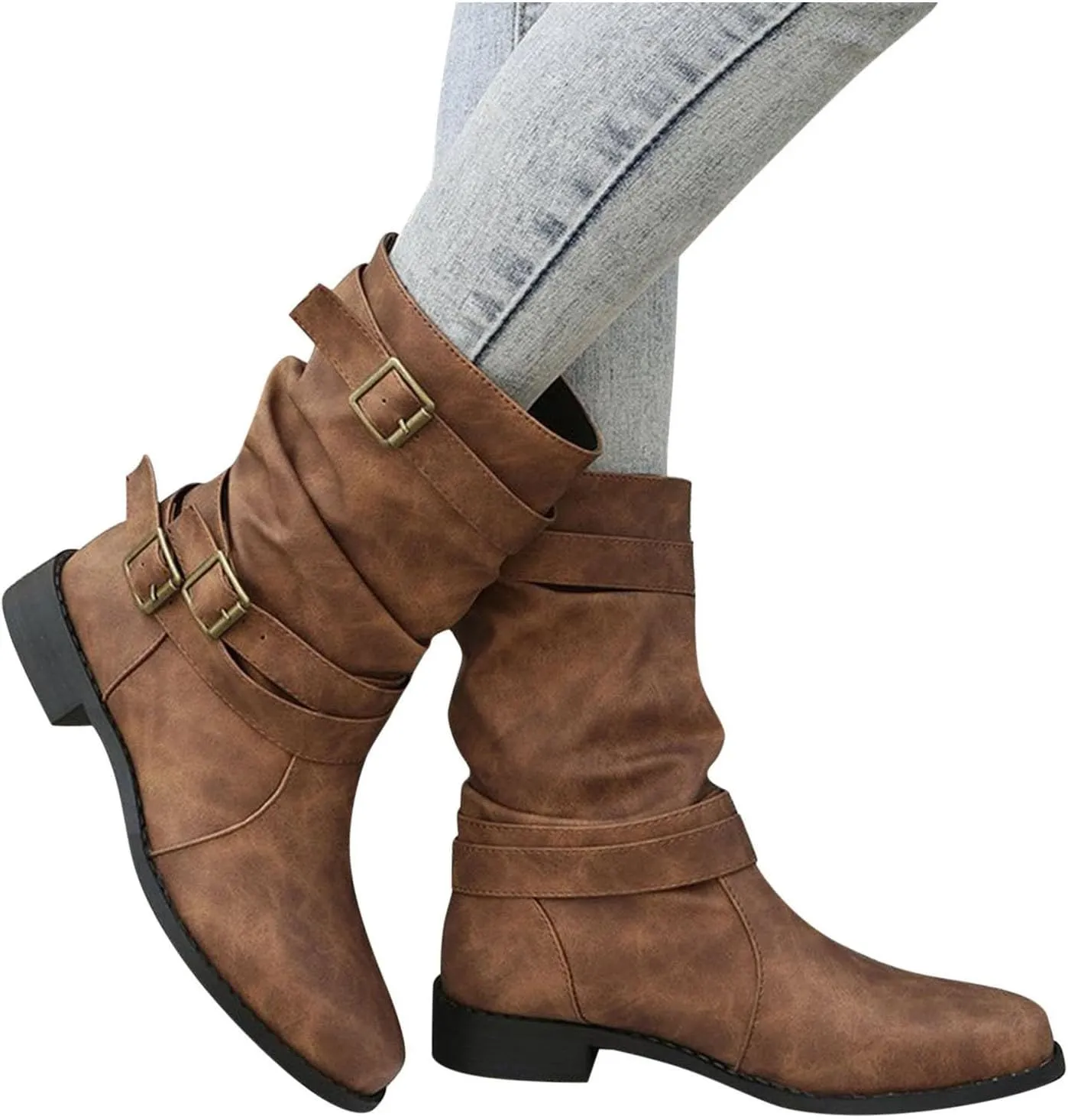 AMDBEL Fall Boots for Women 2024, Women's Ankle Boots Low Heel Slip On Boots Winter Ladies Mid Calf Booties Shoes
