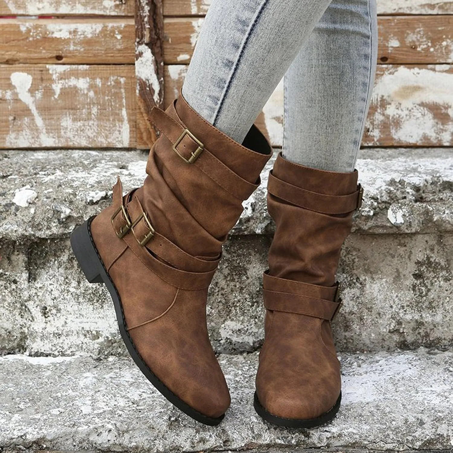 AMDBEL Fall Boots for Women 2024, Women's Ankle Boots Low Heel Slip On Boots Winter Ladies Mid Calf Booties Shoes