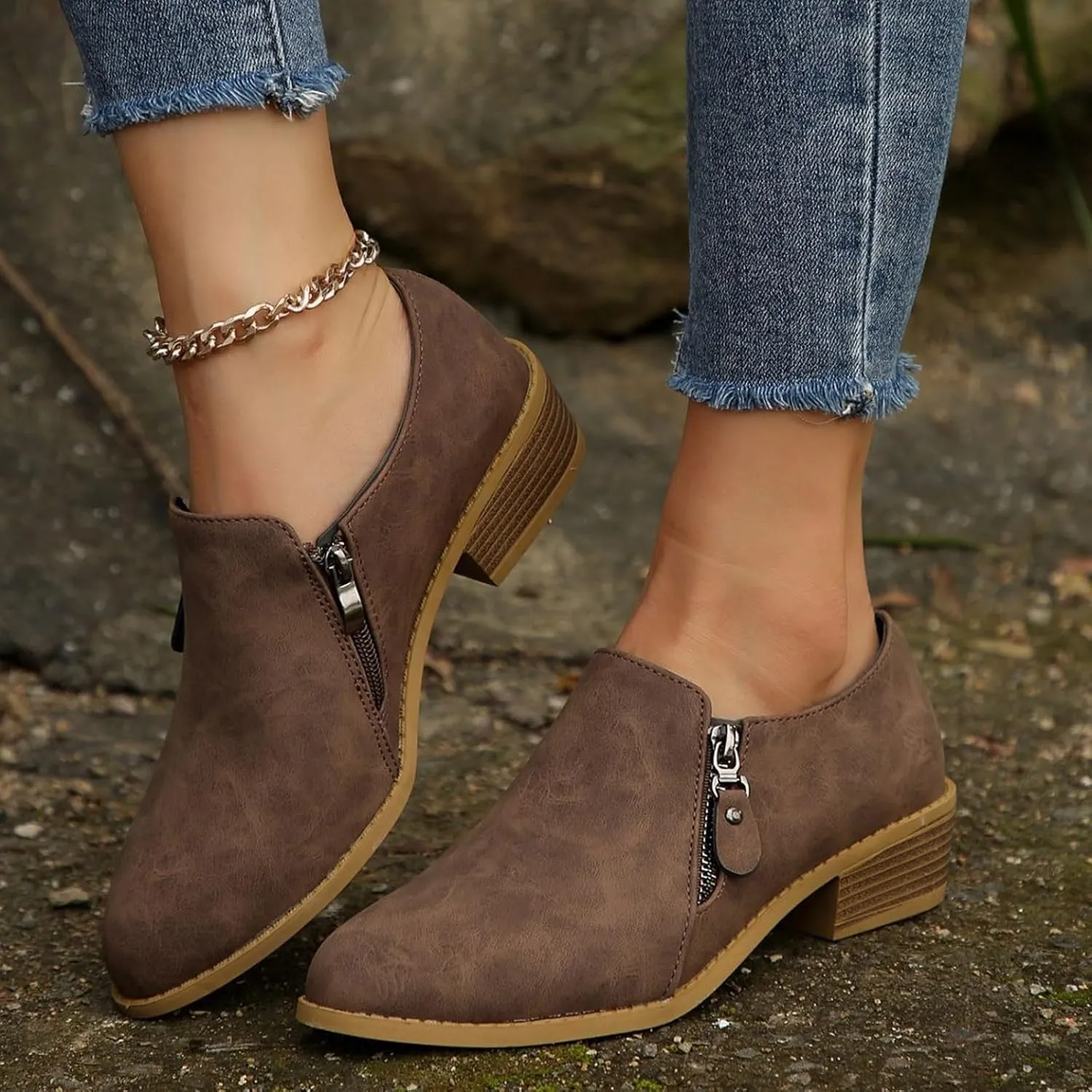 AMDBEL Winter Boots for Women 2024 Ankle Boots Low Heel Closed Toe Slip On Flat Boots Ladies Walking Short Booties