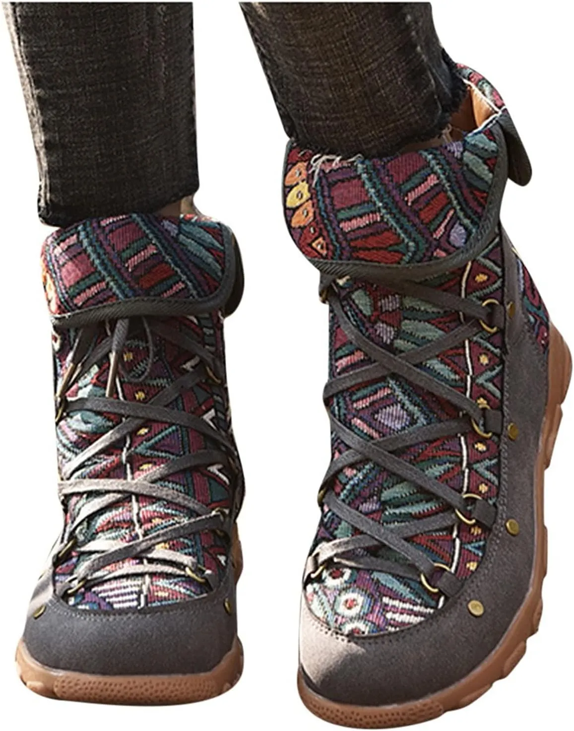 AMDBEL Winter Boots for Women 2024 Ankle Boots Low Heel Lace Up Short Boots Bohemian Winter Vintage Booties Shoes