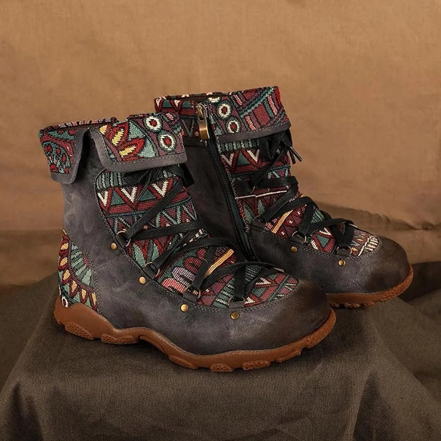 AMDBEL Winter Boots for Women 2024 Ankle Boots Low Heel Lace Up Short Boots Bohemian Winter Vintage Booties Shoes