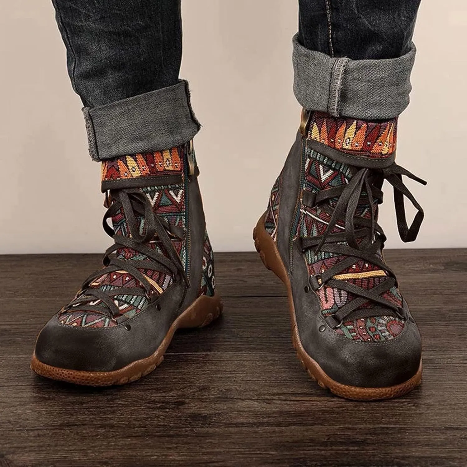 AMDBEL Winter Boots for Women 2024 Ankle Boots Low Heel Lace Up Short Boots Bohemian Winter Vintage Booties Shoes
