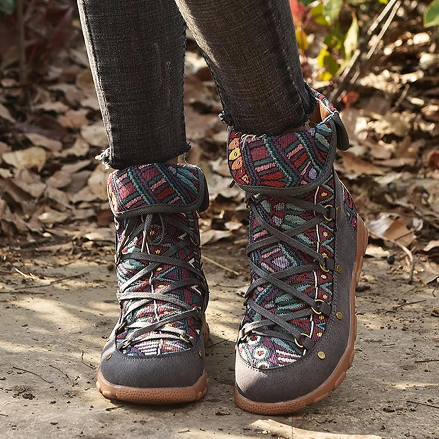 AMDBEL Winter Boots for Women 2024 Ankle Boots Low Heel Lace Up Short Boots Bohemian Winter Vintage Booties Shoes