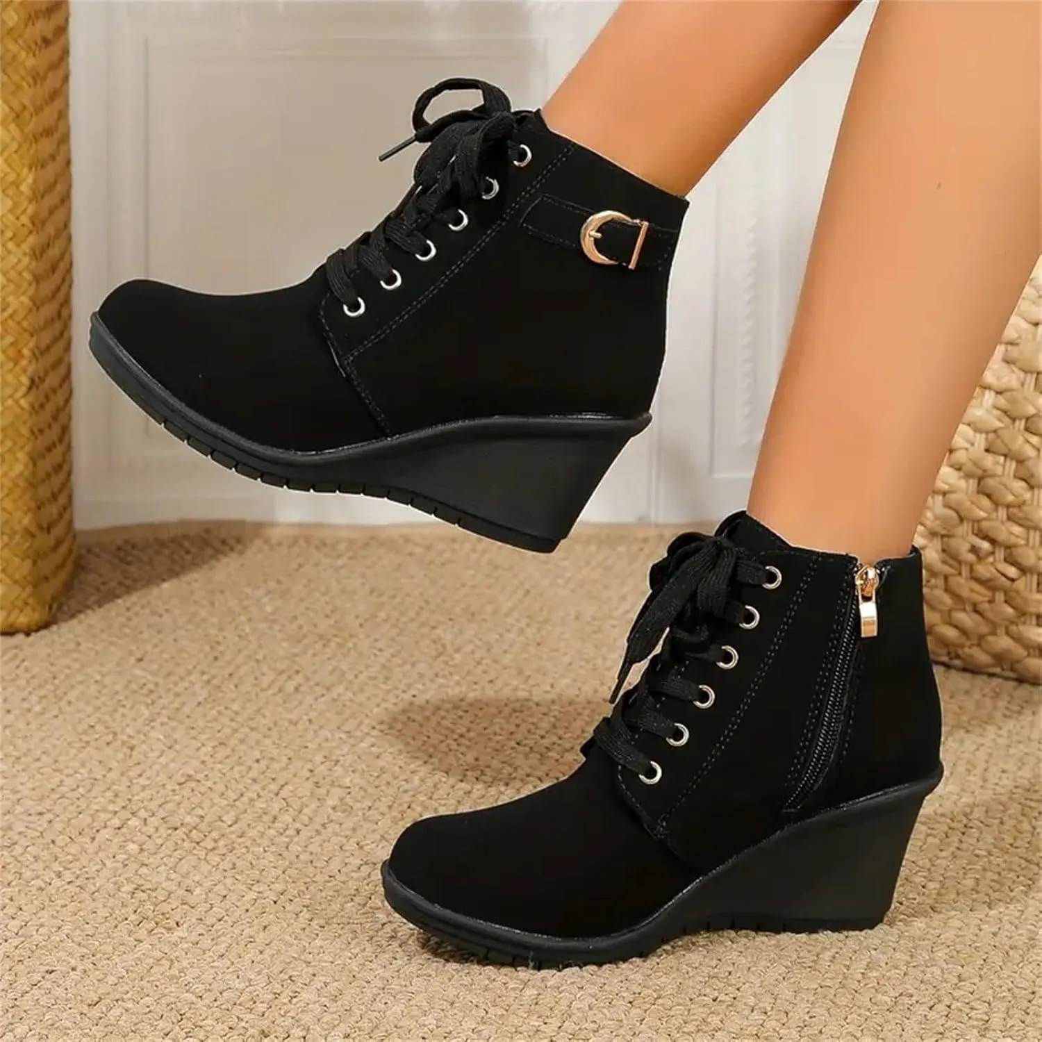 AMDBEL Womens Boots Ankle, Women's Ankle Boots Square Heel Lace Up Short Boots Winter Wedge Booties Shoes