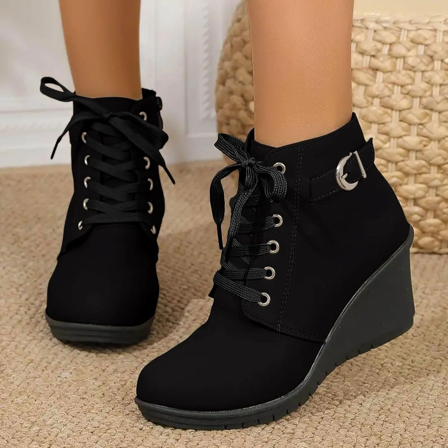 AMDBEL Womens Boots Ankle, Women's Ankle Boots Square Heel Lace Up Short Boots Winter Wedge Booties Shoes
