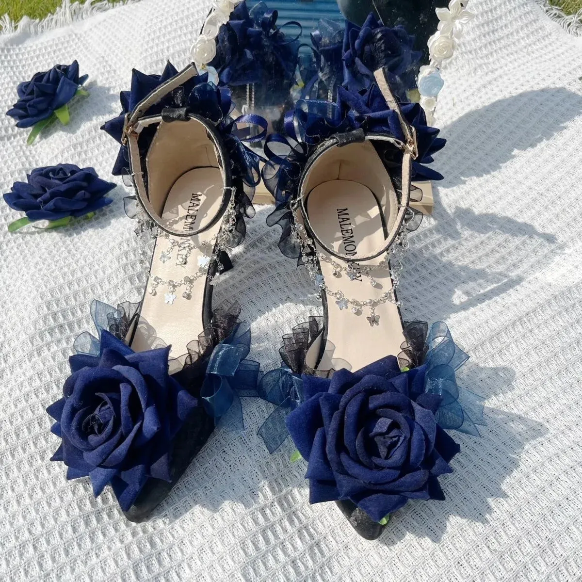 Ankle Strap Low Heel Gothic 3D Rose Shoes