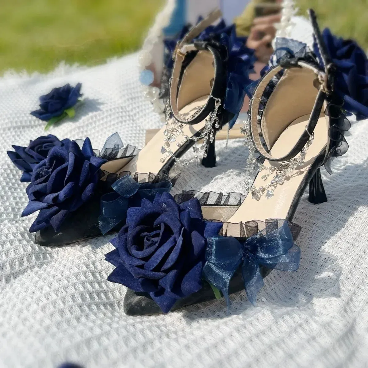Ankle Strap Low Heel Gothic 3D Rose Shoes
