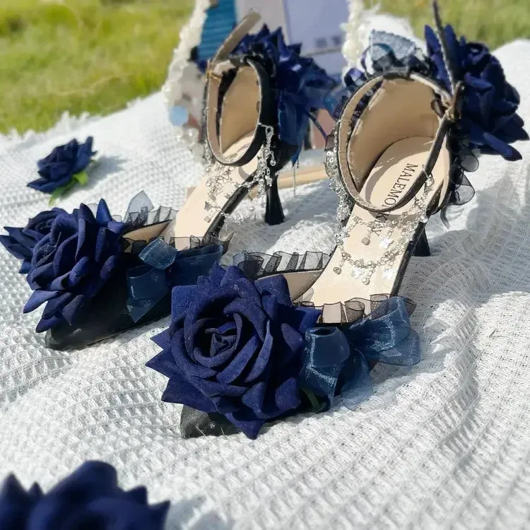 Ankle Strap Low Heel Gothic 3D Rose Shoes