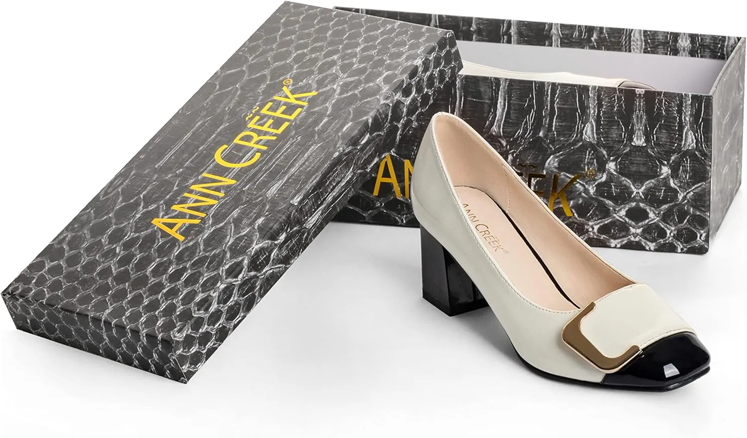 ANN CREEK Women's Pumps 'Angela' Shoes for Women Dressy Low Heel Rush Hour Office Shoes Two Tone Womens Pumps Square Toe 2.4 Inch Chunky Heel Slip On