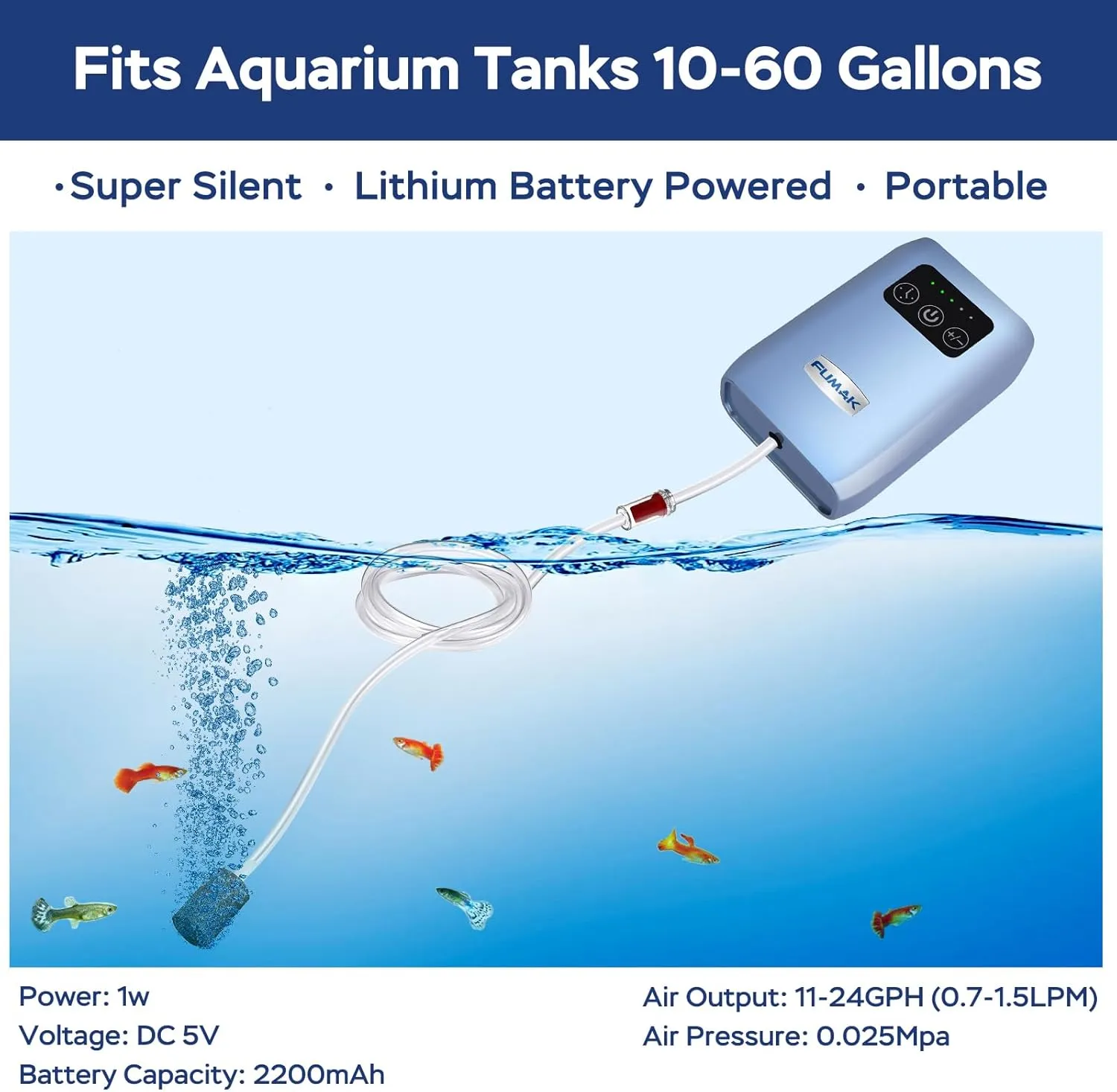 Aquarium Air Pump, USB Rechargeable Lithium Battery Powered Portable Air Pump for Fish Tanks, AC/DC Dual Mode Oxygen/Aerating Pump for Outdoor Fishing, Emergency, Power Cuts