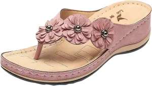 Arch Support Flip Flops for Women 2025,Clip Toe Wide Width Wedges Slip On Flower Rhinestones Strap Sandals Low Heel Ladies Comfortable Cushion Footbed Daily Wear Slides Cute Shoes Recovery Mules